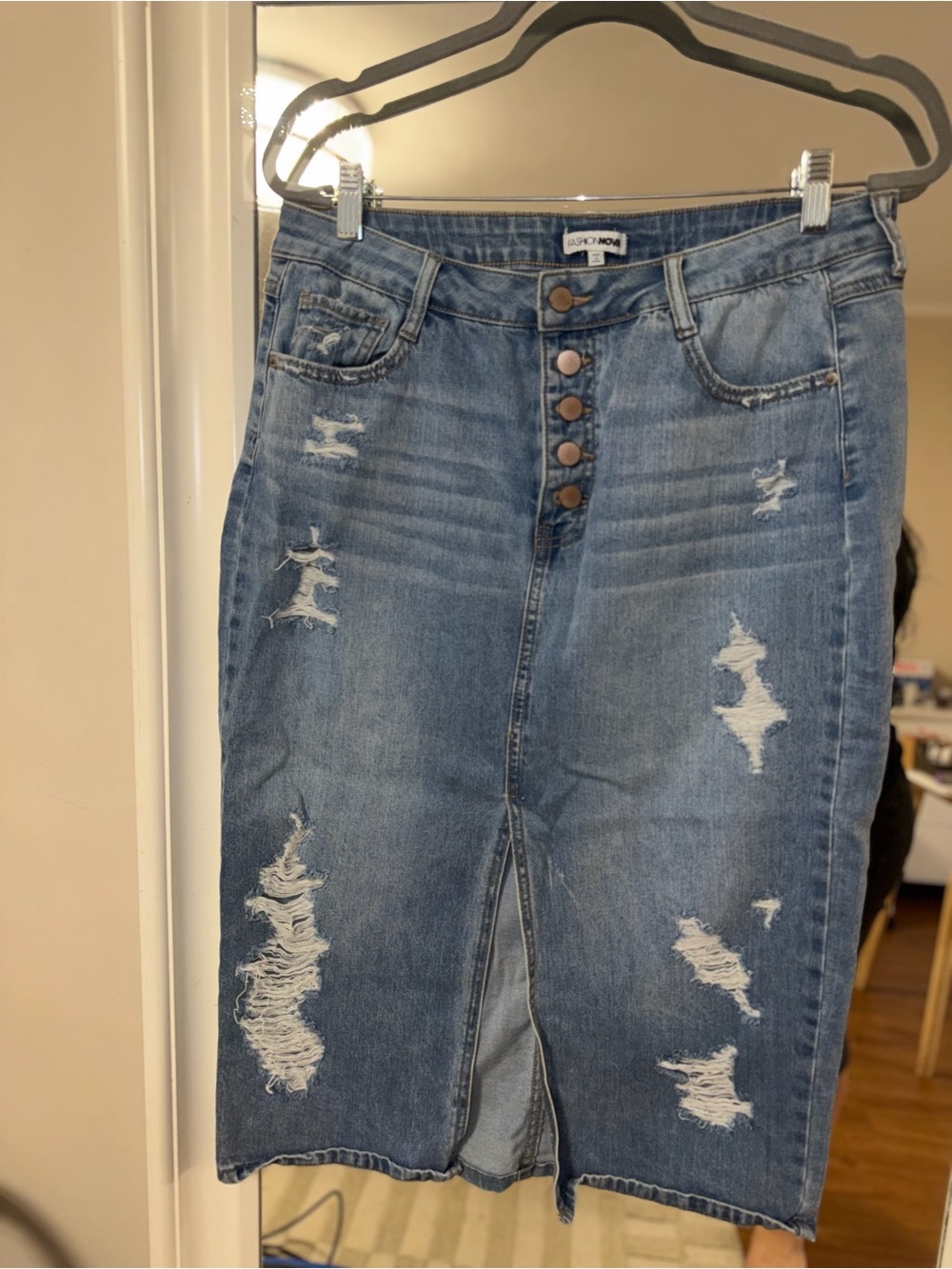 Fashion Nova Distressed Mid-Length Blue Denim Skirt